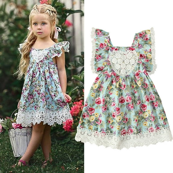 XMMSWDLA Toddler Girl Clothes Kids Baby Girls Cute Summer Flying Sleeves Flowers Pattern Lace Hollow Out Backless Dress