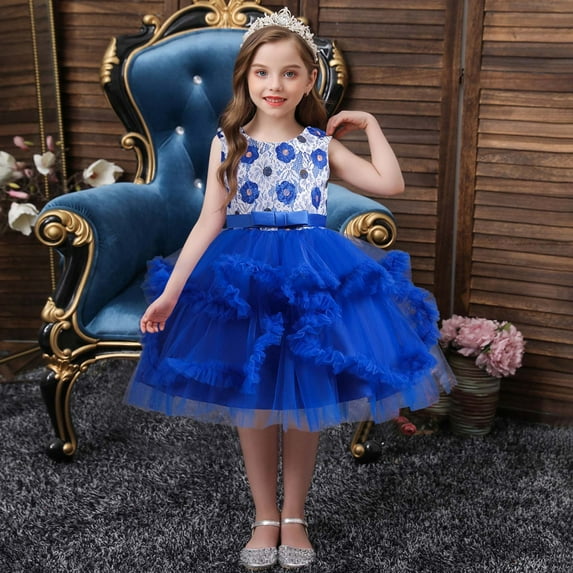 XMMSWDLA Toddler Girl Clothes Kids Dress Girls Sleeveless Princess Dress Bow Tie Lace Flowers Mesh Dress Tufted Dress