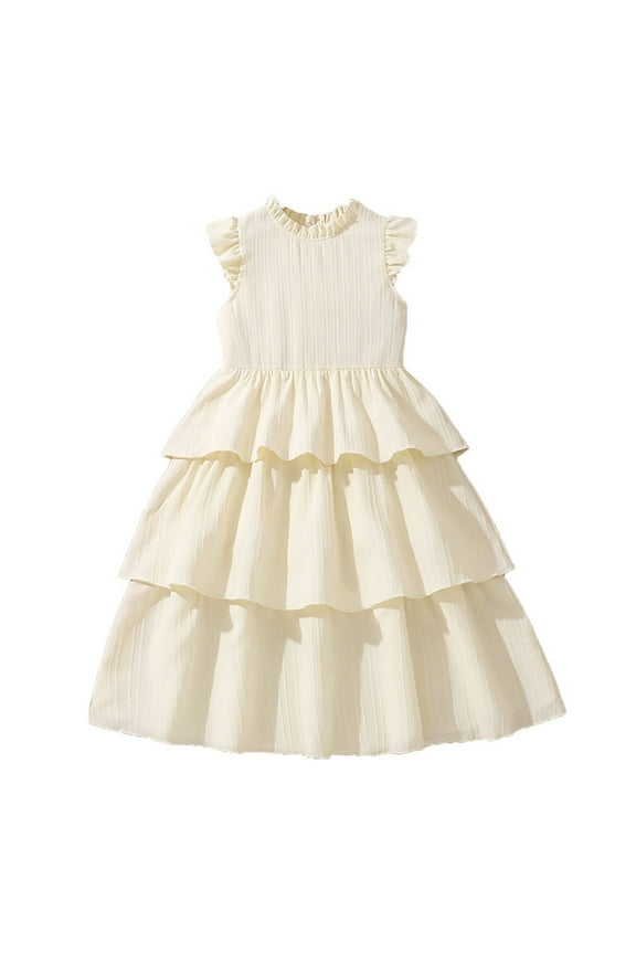 Toddler Girl Outfits Girls Summer Dresses Tiered Crinkle Flowy Ruffle Sleeve A-Line Swing Bow Dress Size 8-12 Years White Toddler Clothes for Girls