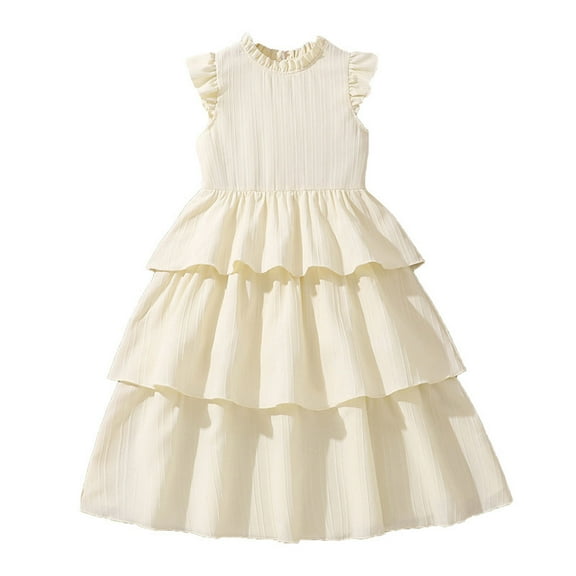 XMMSWDLA Toddler Girl Outfits Girls Summer Dresses Tiered Crinkle Flowy Ruffle Sleeve A-Line Swing Bow Dress Size 8-12 Years White Toddler Clothes for Girls