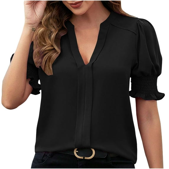 XMMSWDLA V Neck Blouses for Women Dressy Casual Summer Puff Ruffle Short Sleeve Shirt Tops Women Shirts