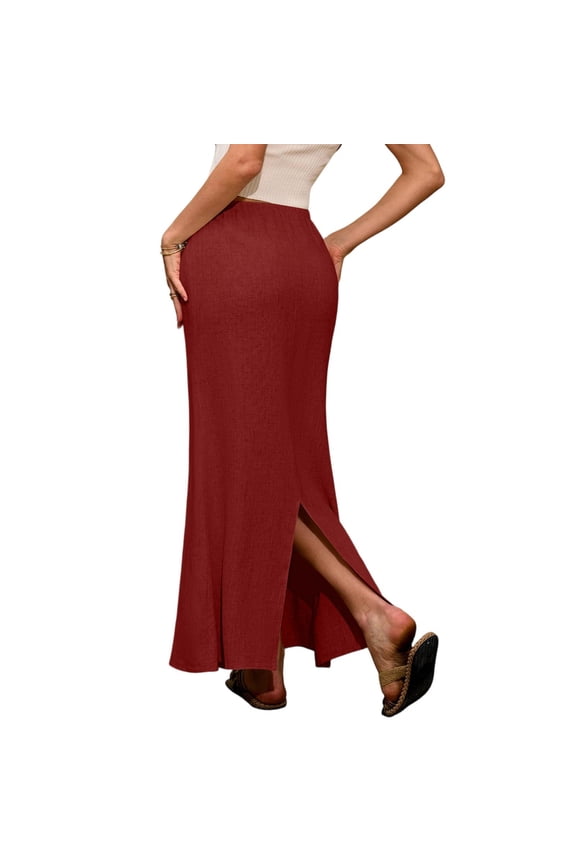 Women's Solid Color Fishtail Split Skirt with Elastic Waist & Side Pockets, Swing Maxi Skirt, Casual Linen Blend Beach Skirt for Summer,Wine,2XL