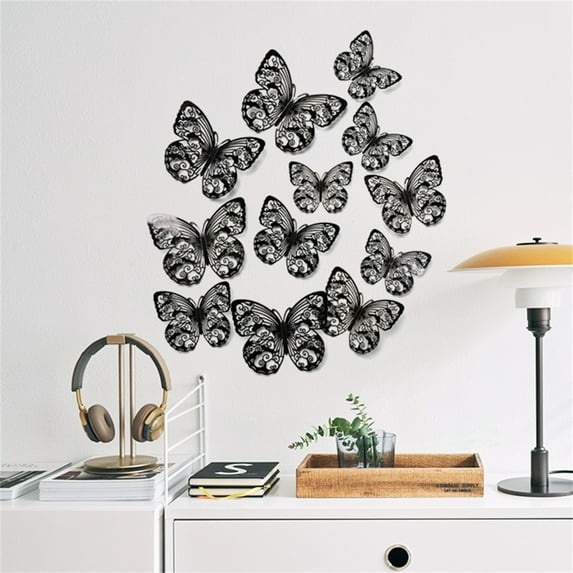XMMSWDLA Wall Decorations 12pcs 3d Metal Texture Hollow Butterfly Wall Stickerblack Floral Wallpaper