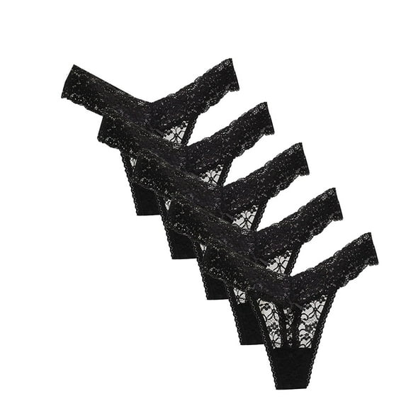 XMMSWDLA Woman'S Low-Rise Lace String Thong 5 Pieces Thongs for Women, Lace Stretchy Spandex Nylon Underwear Black 2XL Bikini Thongs