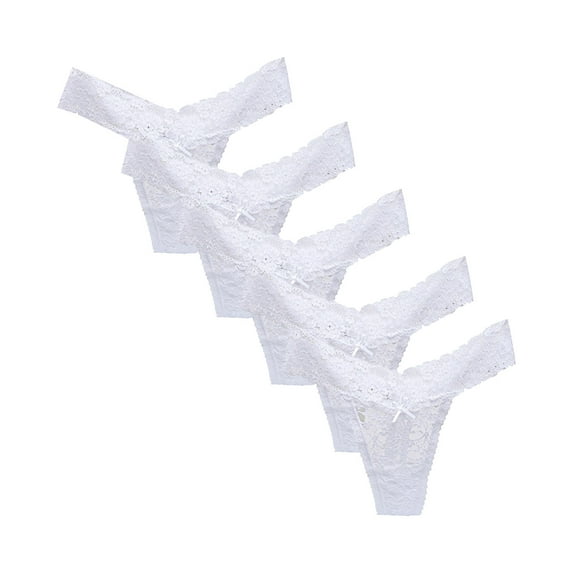 XMMSWDLA Woman'S Low-Rise Lace String Thong 5 Pieces Thongs for Women, Lace Stretchy Spandex Nylon Underwear White 2XL Seamless Thongs for Women
