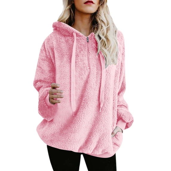 XMMSWDLA Women Casual Double Fuzzy Sweatshirt Faux Fleece Zip Pullover Hoodies Coat Outwear