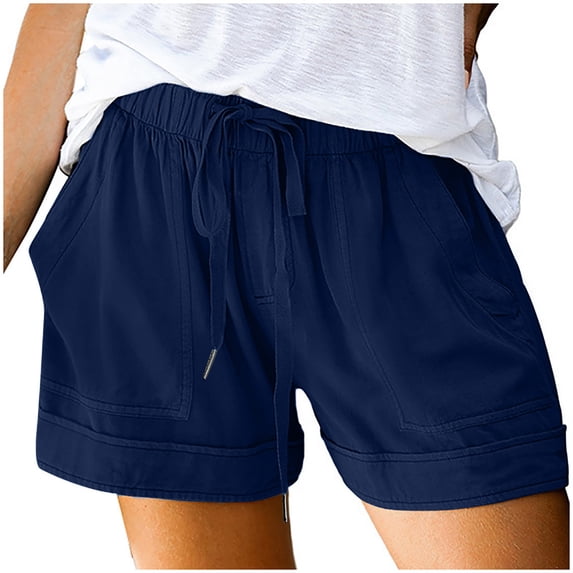 XMMSWDLA Women Comfy Drawstring Casual Elastic Waist Pure Color Shorts Summer Beach Lightweight Short Pants with Pockets Blue Girls Athletic Shorts