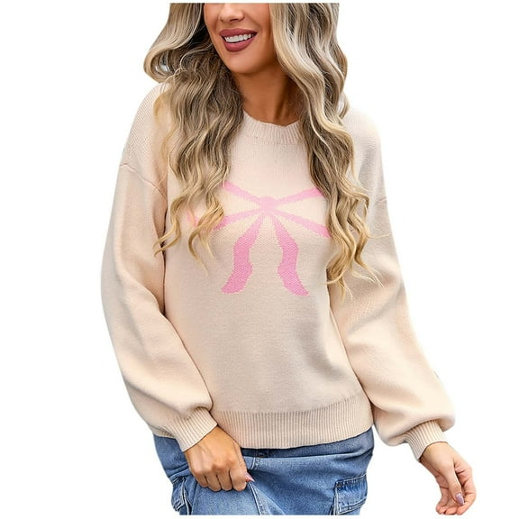 XMMSWDLA Women Cute Bow Sweater Long Sleeve Bow Front Knitted Pullover Oversized Jumper Ribbed Knitwear Top