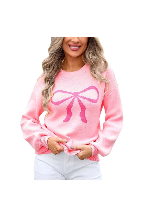 Women Cute Bow Sweater Long Sleeve Bow Front Knitted Pullover Oversized Jumper Ribbed Knitwear Top
