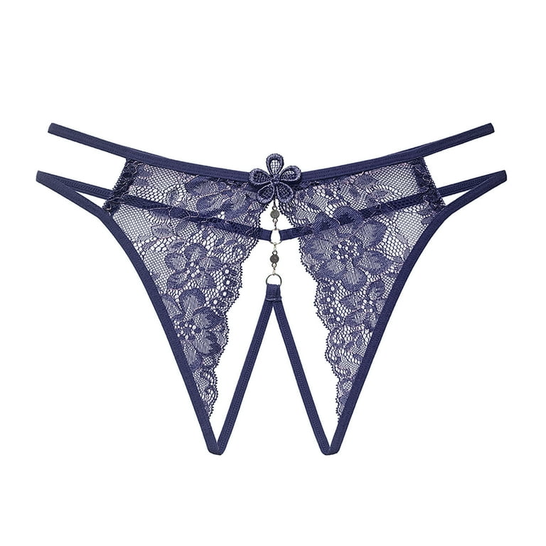 XMMSWDLA Women Lace Underwear Floral Lingerie Cut Out Thongs Mid Waist  Panties Briefs Dark Blue Free Size Depends Underwear for Women 