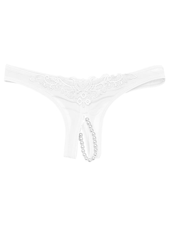 Women Lace Underwear Lingerie Thongs Panties Ladies Underwear Underpants Women's Lace Thong Low Rise Pearl Perspective and Fun Underwear White Free Size Women's Underpants