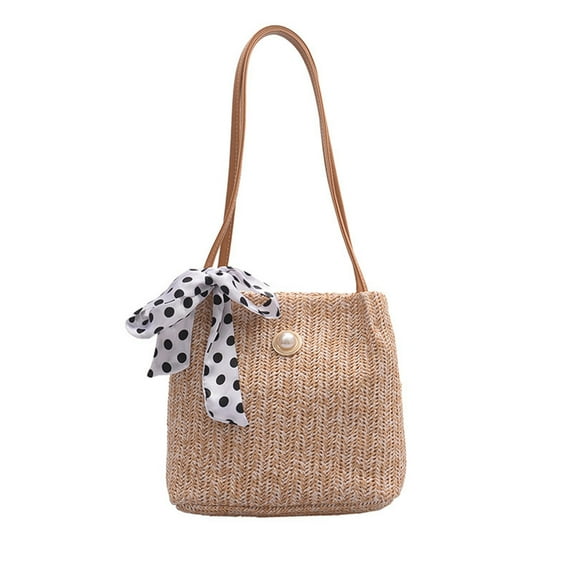 XMMSWDLA Women Large Straw Beach Tote Bag Summer Hand-Woven Bags Shoulder Bag Leather Handle Beach Handbags with Cute Lace Bow Bag Summer Hand-Woven Bags Mom Birthday Gifts Hand Bags for Women 2024