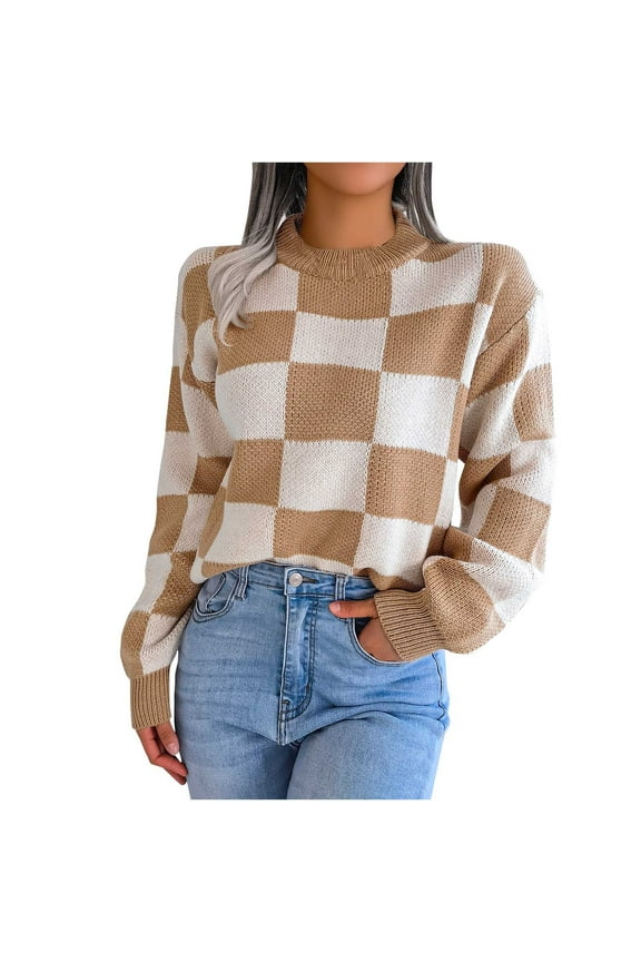 Women'S 2023 Fall Winter Turtleneck Knitted Sweater Long Sleeve Checkered Color Block Loose Pullover Tops Khaki Cable Knit Sweater Women