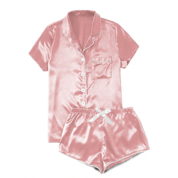 XMMSWDLA Women’S Short Sleeve Satin Silk Pajama Set Button Down 2 Pieces Loungewear Sleepwear Womens Loungewear Set