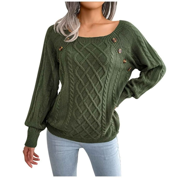 XMMSWDLA Women'S Sweaters Casual Long Sleeve Pullover Knit Sweater Tops with Button Decoration Army Green Oversized Sweater for Women Fall