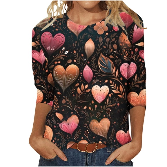 XMMSWDLA Women's 3d Love Heart Print Shirts Casual Loose Long Sleeve Crewneck Sweatshirts Blouse Running Shirts Women