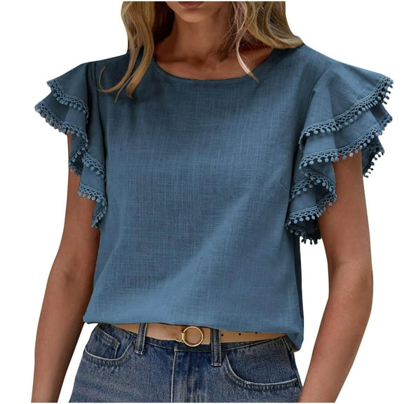 XMMSWDLA Women's Casual Ruffle Short Sleeve Tops Cute Solid Color Knit T Shirts Blouses Birthday Shirts for Women