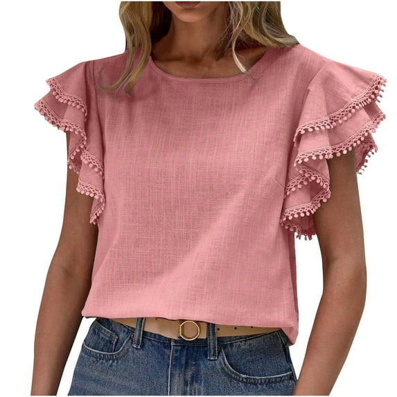 XMMSWDLA Women's Casual Ruffle Short Sleeve Tops Cute Solid Color Knit T Shirts Blouses Running Shirts Women