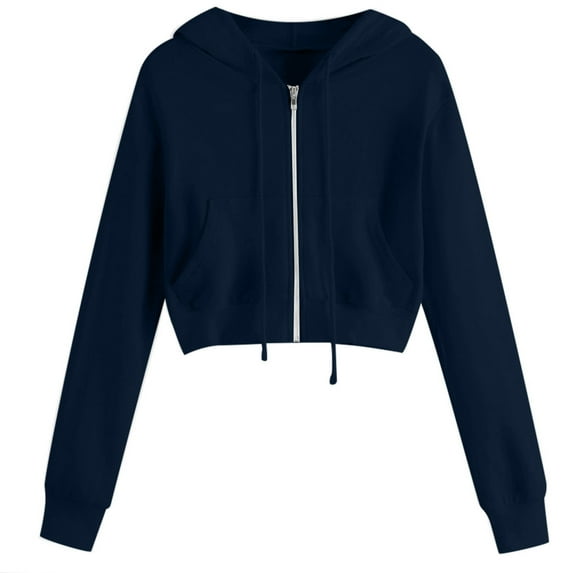 XMMSWDLA Women's Casual Zip Up Drawstring Hoodie Hooded Crop Jacket Top with Pockets Women's Fashion Hoodies & Sweatshirts Women's Fashion Hoodies & Sweatshirts Navy S