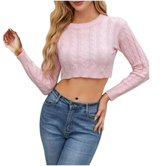 XMMSWDLA Women's Cropped Sweater Knit Long Sleeve Crewneck Soft Pullover Sweater Top