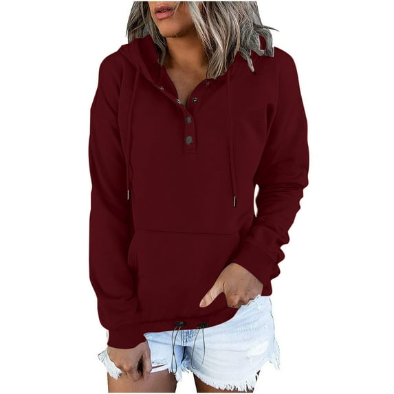 XMMSWDLA Women's Full Button Up Hoodie Fall Jacket Oversized Casual Drawstring Hooded Sweatshirts with Pockets Hoodies for Women Hoodies for Women Wine M