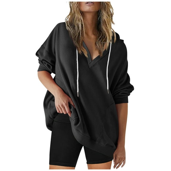 XMMSWDLA Women's Hoodies 2023 Fall V Neck Long Sleeve Solid Color Sweatshirts Drawstring Casual Loose Pullover Tops Aesthetic Hoodies Aesthetic Hoodies Black L