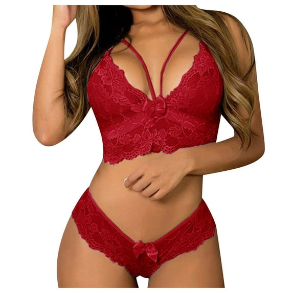 XMMSWDLA Women's Lace Lace Lingerie Bra Top+Thong Underwear Set Women Plus Size Lingerie Corset Lace Floral Bralette Bra Two Piece Underwear Red M Tummy Control Thong