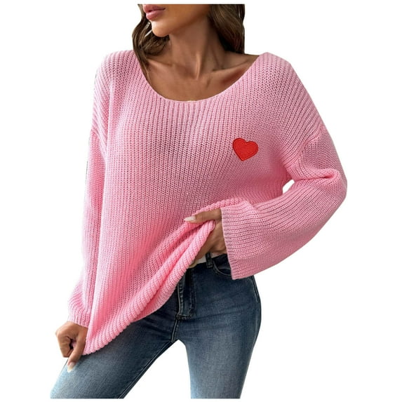 XMMSWDLA Women's Love Heart Pullover Sweater Long Sleeve Crewneck Sweater Oversized Knit Sweater