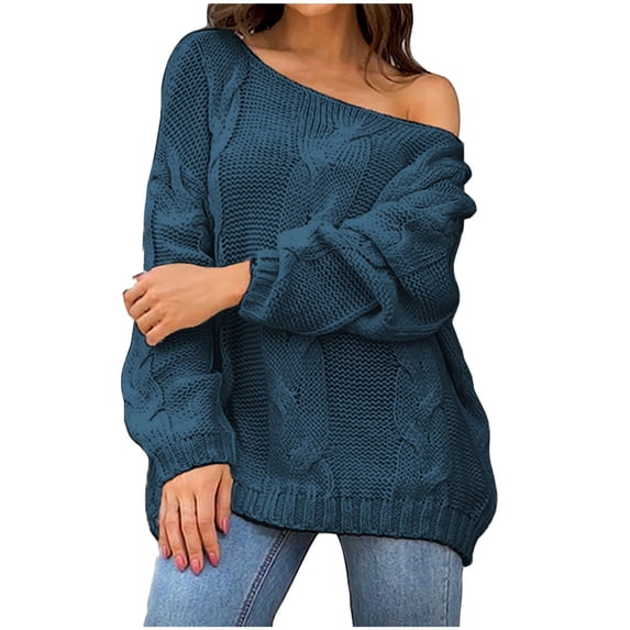 XMMSWDLA Women's Off Shoulder Oversized V Neck Cable Knit Long Sleeve Chunky Sweaters Pullover Tops