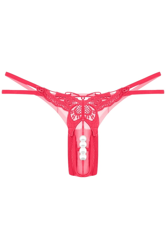Women's Pearl T Back G String Embroidery Rose Flowers Beaded Thong Panty Underwear Sexy Micro Underpant Watermelon Red Free Size Period Underwear for Teens
