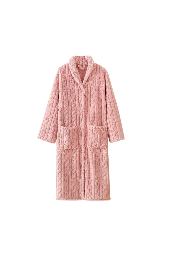 Women's Plush Long Robe Soft Bathrobe Button Up Housecoat Fuzzy Fleece Spa Bath Maternity Duster Robe Pockets Robes for Women
