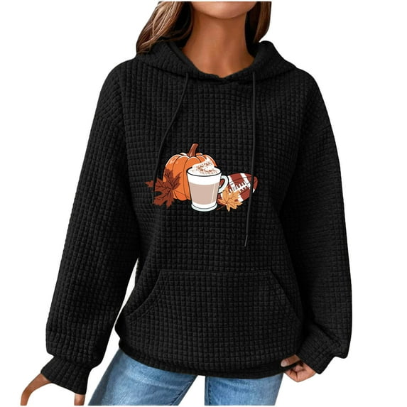 XMMSWDLA Women's Pullover Sweatshirt Drawstring Pumpkin Printed Waffle Hoodie Long Sleeve Tops with Pocket
