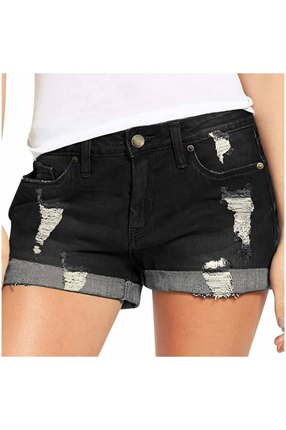 Women's Ripped High Waisted Denim Shorts Stretchy Cuffed Hem Jean Shorts Black Work Out Shorts Gym for Women