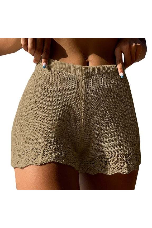 Women's Short Elastic High Waisted Summer Beach Crochet Lace Shorts Khaki Short Summer Dresses
