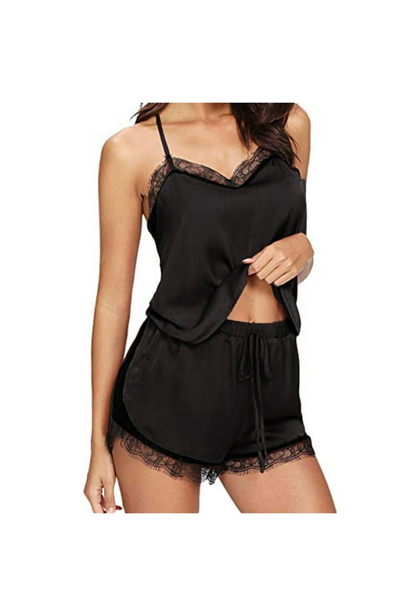 Women's Silk Satin Pajamas Sets Lace Trim Tops Shorts Sleepwear Set