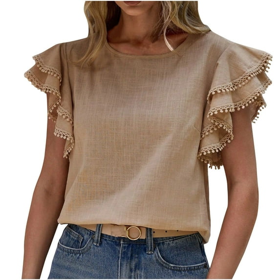 XMMSWDLA Women's Summer Tops Dressy Casual Notch V Neck Ruffle Short Sleeve Flowy Shirts Cute Blouses Tops Girls Shirts