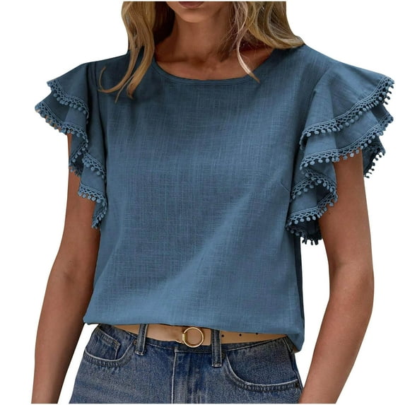 XMMSWDLA Women's Summer Tops Dressy Casual Notch V Neck Ruffle Short Sleeve Flowy Shirts Cute Blouses Tops Work Shirts for Women