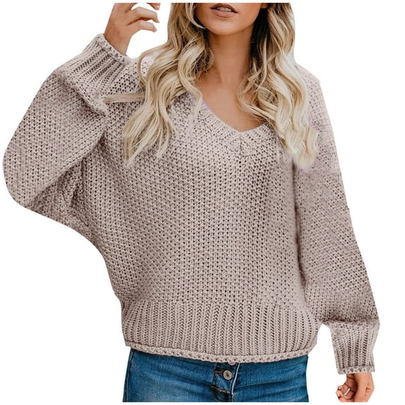 XMMSWDLA Women's V Neck Long Sleeve Knit Loose Oversized Pullover Sweater Top