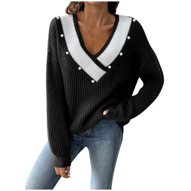 XMMSWDLA Womens 2024 Deep V Neck Sweaters Striped Long Sleeve Knit Pullover Sweaters for Women