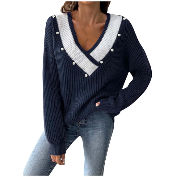XMMSWDLA Womens 2024 Deep V Neck Sweaters Striped Long Sleeve Knit Pullover Sweaters for Women