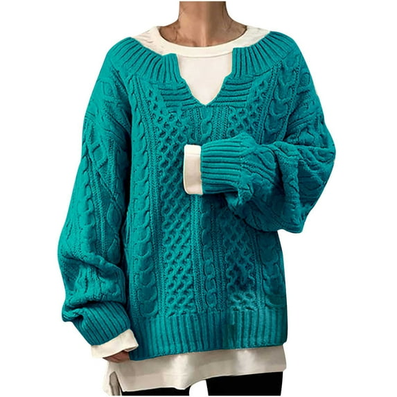 XMMSWDLA Womens Cable Knit Sweaters V Neck Pullover Tops Long Sleeve Casual Sweater Blouse Knit Shirts Blue Pullover Sweaters for Women