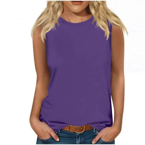 XMMSWDLA Womens' Crewneck Sleeveless Summer Casual Loose Fit Basic Shirts Purple Fitted Tank Tops Women