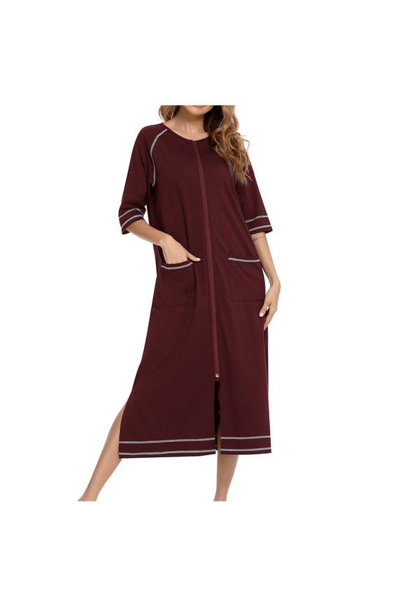 Womens Long Sleeve Flannel Nightgown Zippered Housecoats for Women Family Pajamas