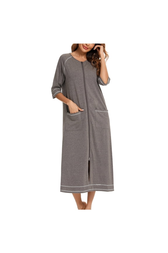 Womens Long Sleeve Flannel Nightgown Zippered Housecoats for Women Robes for Women