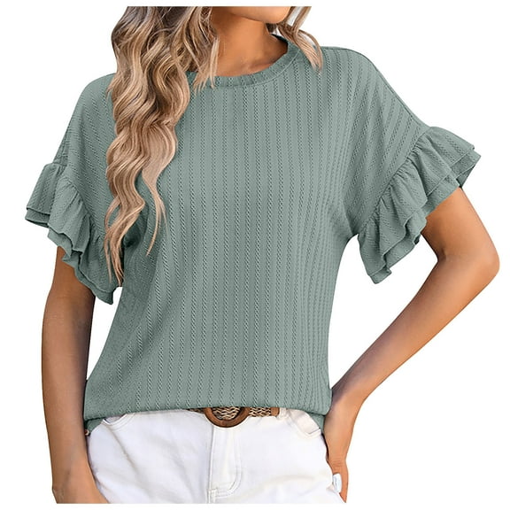 XMMSWDLA Womens Short Sleeve Tops Casual T Shirts Summer Ruffle Soild Round Neck Blouses Loose Fit Basic Tees Running Shirts Women