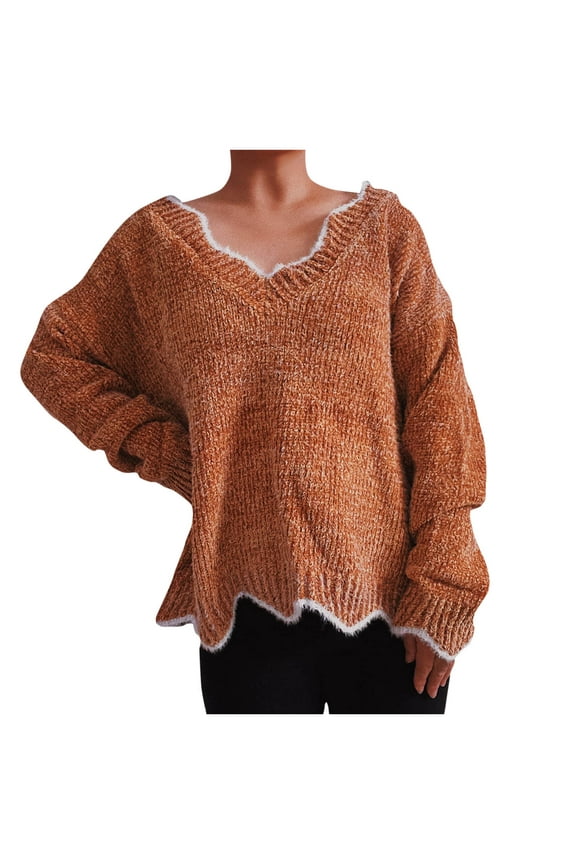Womens Soft V Neck Ruffled Pullover Sweater Oversized Loose Fluffy Long Sleeve Jumper Tops