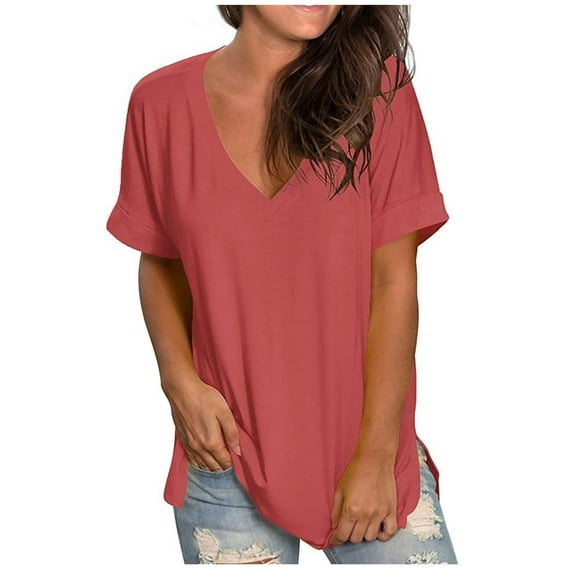 XMMSWDLA Womens Summer Tunic Tops Short Sleeve T-Shirts Casual V-Neck Blouses Loose Beach Basic Tee Shirts Tops for Women