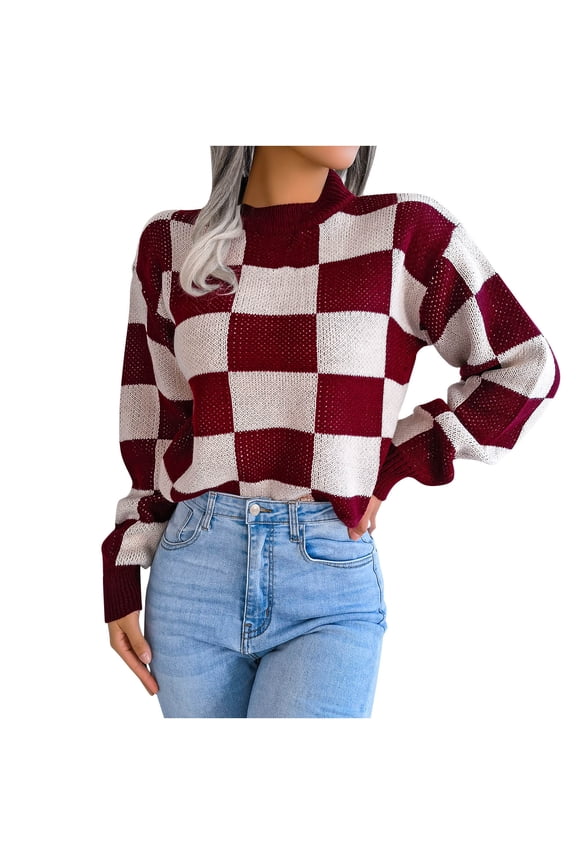 Womens Sweater Dress Crewneck Casual Checkered Long Sleeve Cable Knit Pullover Sweaters Wine Fuzzy Sweater for Women