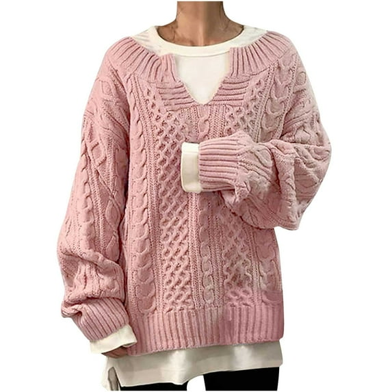 XMMSWDLA Womens Sweaters Fall Fashion 2023 V Neck Long Sleeve Tops Casual Trendy Loose Knit Pullover Jumper Tops Pink Sweater Dress Women