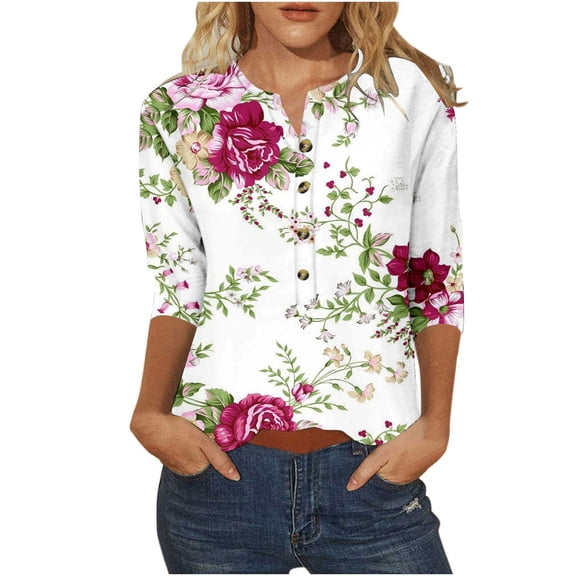 XMMSWDLA Womens Tops Casual Blouses Tops 3/4 Sleeve V Neck Tunic Top Loose Shirt Womens Shirts